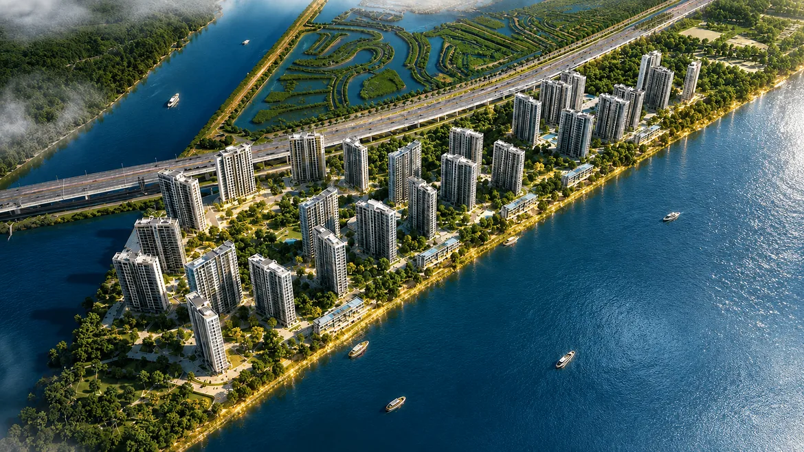 Phối cảnh tổng thể mặt bằng Imperia Royal Island Vũ Yên với 32 tòa căn hộ tại đảo Vũ Yên